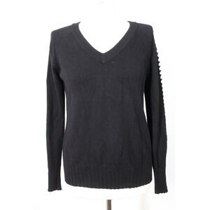 Bela NYC S Black V-Neck Stitched Long Sleeve Cotton Bamboo Cashmere Sweater
